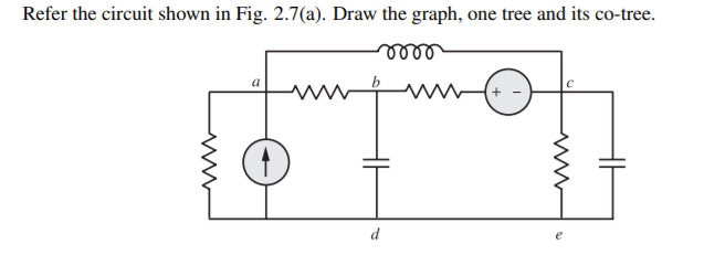 Refer the circuit shown in Fig. 2.7(a). Draw the graph, one tree and its co-tree.
d
