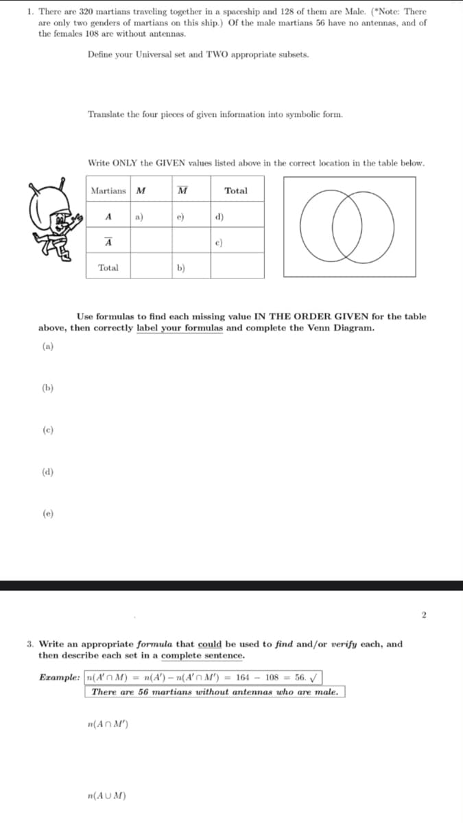 1. There are 320 martians traveling together in a spaceship and 128 of them are Male. (*Note: There
are only two genders of martians on this ship.) Of the male martians 56 have no antennas, and of
the females 108 are without antennas.
Define your Universal set and TWO appropriate subsets.
Translate the four pieces of given information into symbolic form.
Write ONLY the GIVEN values listed above in the correct location in the table below.
Martians M
M
Total
A
a)
e)
(P
A
c)
Total
b)
Use formulas to find each missing value IN THE ORDER GIVEN for the table
above, then correctly label your formulas and complete the Venn Diagram.
(a)
(b)
(c)
(d)
(e)
3. Write an appropriate formula that could be used to find and/or verify each, and
then describe each set in a complete sentence.
Example: n(A'n M) = n(A') – n(A'O M') = 164 – 108 = 56. /
There are 56 martians without antennas who are male.
n(An M')
n(AUM)
