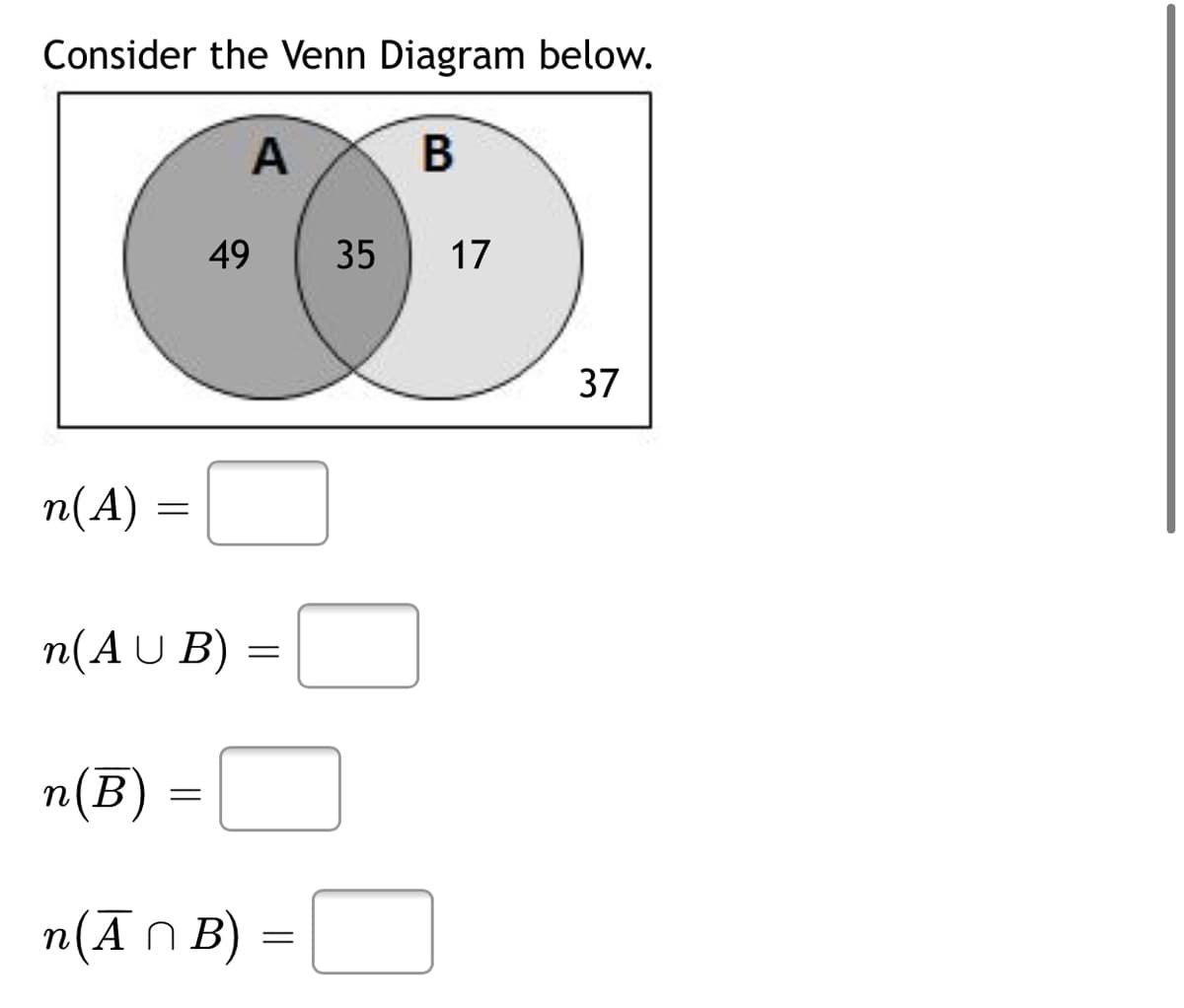 Consider the Venn Diagram below.
AX B
49
35
17
37
п(A)
n(AU B)
n(B)
n(ĀN B)
