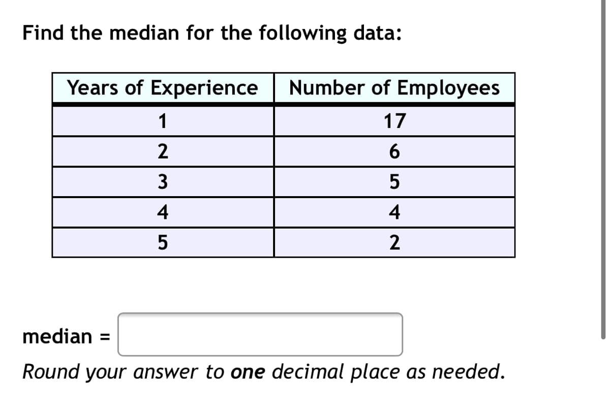 Find the median for the following data:
Years of Experience
Number of Employees
1
17
2
3
4
4
2
median =
Round your answer to one decimal place as needed.
NM 5
