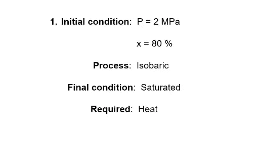 1. Initial condition: P = 2 MPa
x = 80 %
Process: Isobaric
Final condition: Saturated
Required: Heat
