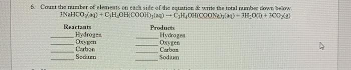 6. Count the number of elements on each side of the equation & write the total number down below.
3NAHCO;(aq) + C,H,OH(COOH);(aq)-C3H,OH(COONA)3(aq) + 3H,0(1) + 3CO,(2)
Reactants
Products
Hydrogen
Окудеn
Carbon
Sodium
Hydrogen
Окудеn
Carbon
Sodium
