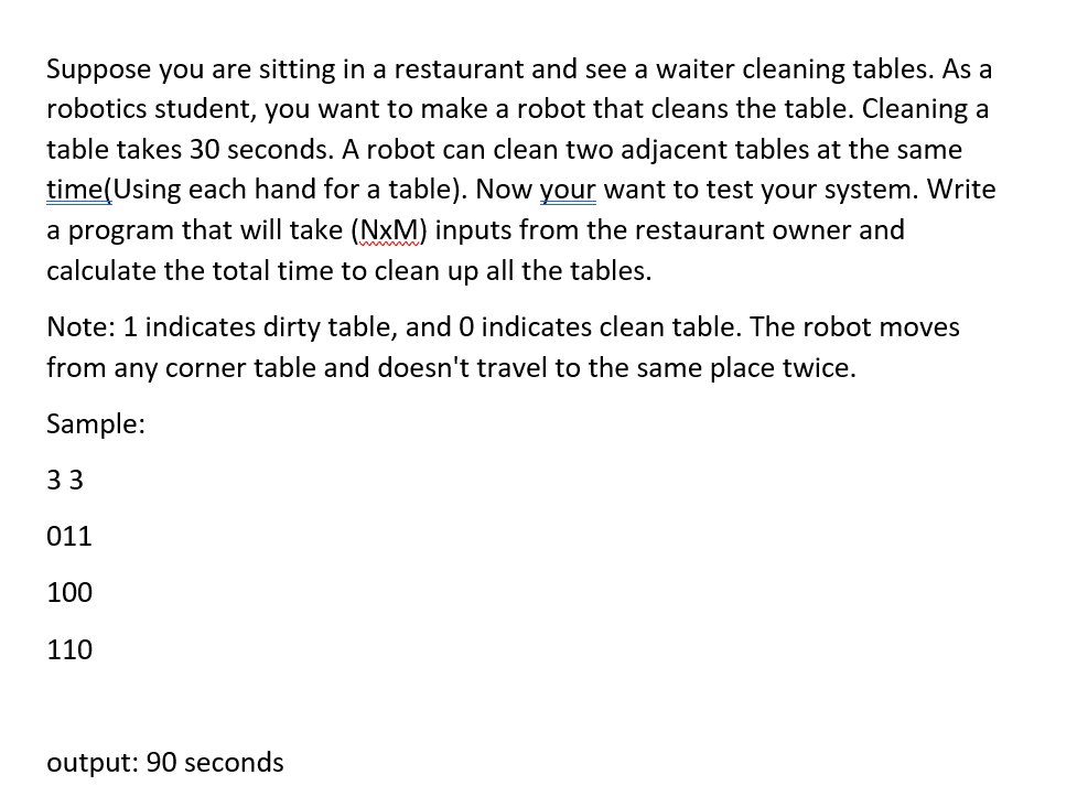 Suppose you are sitting in a restaurant and see a waiter cleaning tables. As a
robotics student, you want to make a robot that cleans the table. Cleaning a
table takes 30 seconds. A robot can clean two adjacent tables at the same
time(Using each hand for a table). Now your want to test your system. Write
a program that will take (NxM) inputs from the restaurant owner and
calculate the total time to clean up all the tables.
Note: 1 indicates dirty table, and 0 indicates clean table. The robot moves
from any corner table and doesn't travel to the same place twice.
Sample:
33
011
100
110
output: 90 seconds