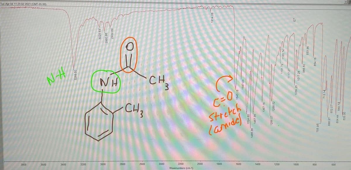 Tue Apr 04 11:29:02 2023 (GMT-05:00)
3800
N-H
3600
3400
3289.50
3200
3029.63
2980.86
2922.69
NH CH₂
3000
CH₂
2800
2600
2400
C
C=0
Stretch
(amide)
2200
Wavenumbers (cm-1)
1914.08
2000
1800
1587
1600
1485.36 1924 60
1400
1367.16
1286.07 1268.52
1200
1165.74
1191.72 1165.74
1117.27
4
1039.25 1017.28
1000
09:996
933.96
854.16
800
755.95
713.14
652.07-
604.44 560.72
533.30
16:009
600