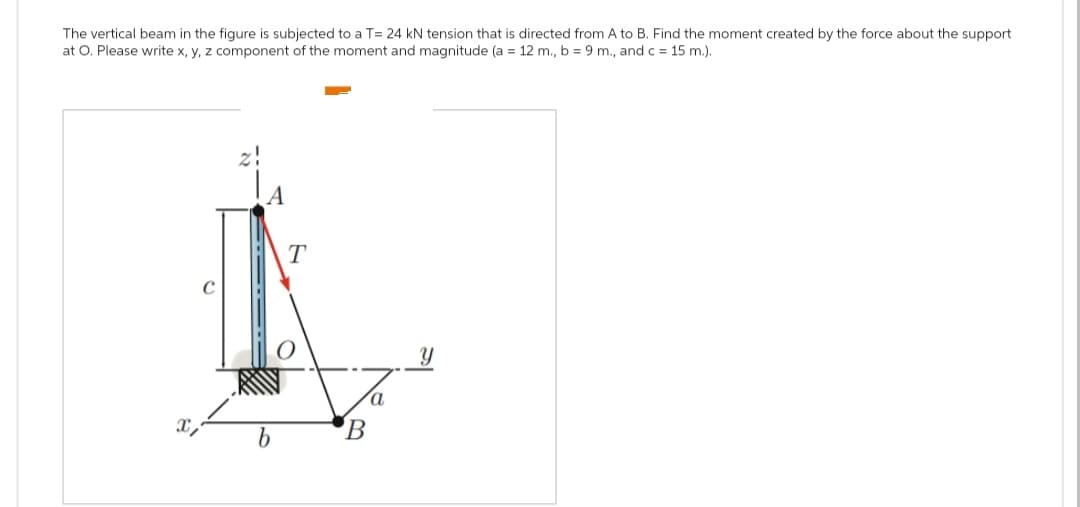 The vertical beam in the figure is subjected to a T= 24 kN tension that is directed from A to B. Find the moment created by the force about the support
at O. Please write x, y, z component of the moment and magnitude (a = 12 m., b = 9 m., and c = 15 m.).
A
T
K
x,
B