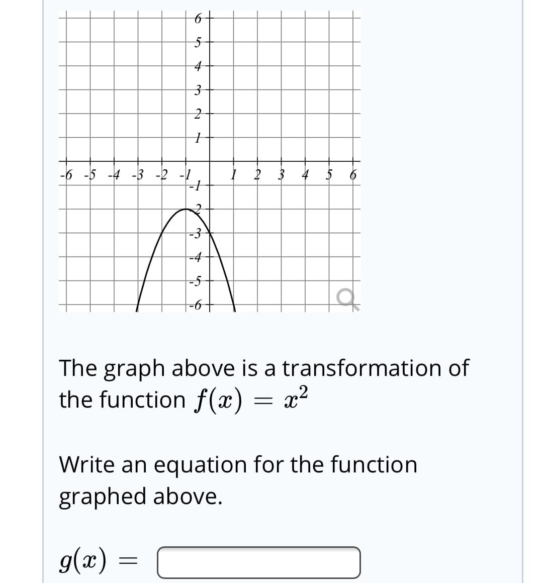 -6 -5 -4 -3 -2
-4
-5
-6+
The graph above is a transformation of
the function f(x) = x²
Write an equation for the function
graphed above.
g(x)
