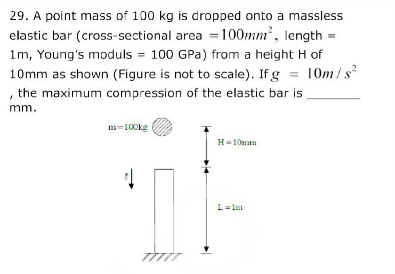 =
29. A point mass of 100 kg is dropped onto a massless
elastic bar (cross-sectional area = 100mm², length
1m, Young's moduls = 100 GPa) from a height H of
10mm as shown (Figure is not to scale). If g
the maximum compression of the elastic bar is
=
10m/s²
mm.
m=100kg
H=10mm
L=Im
09