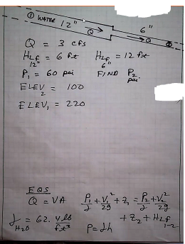 O wATEe 12"
Q = 3 Cfs
HLE
P, = 60 pai
HLe = 12 fe
%3D
/2
6'
FI ND P
par
ELEV = 100
2
= 220
Q = VA P+V+2, = h +V
= 62. ylb
Pedh
1-2
