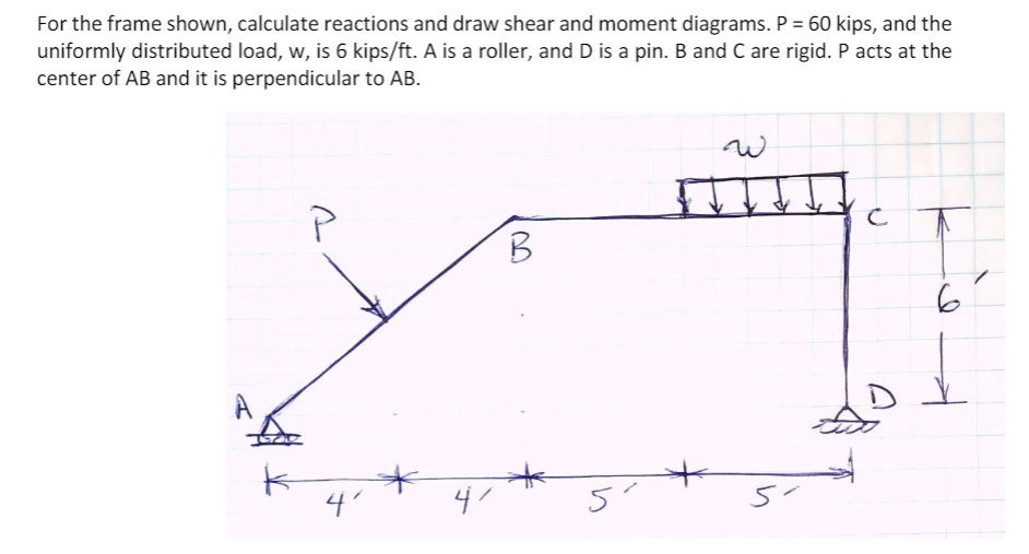 For the frame shown, calculate reactions and draw shear and moment diagrams. P = 60 kips, and the
uniformly distributed load, w, is 6 kips/ft. A is a roller, and D is a pin. B and C are rigid. P acts at the
center of AB and it is perpendicular to AB.
B
6
4'
