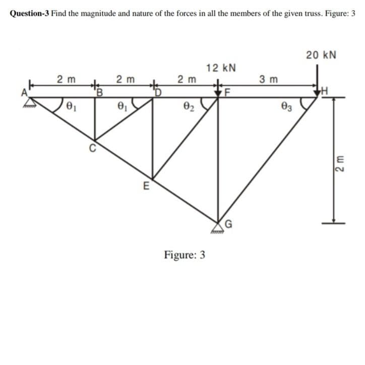 Question-3 Find the magnitude and nature of the forces in all the members of the given truss. Figure: 3
20 kN
12 kN
2 m
2 m
2 m
3 m
02
Өз
E
G
Figure: 3
