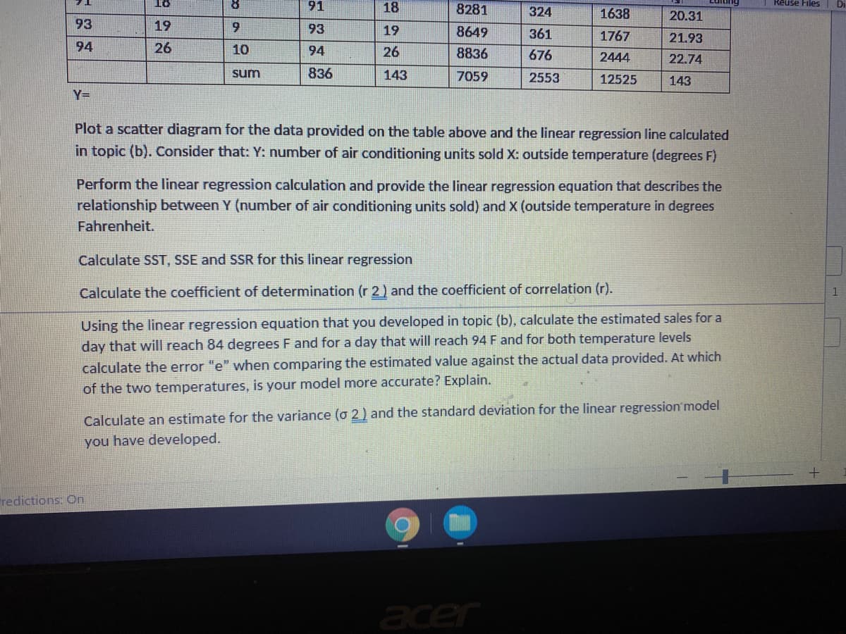 91
18
8281
324
1638
Reuse Files
20.31
93
19
6.
93
19
8649
361
1767
21.93
94
26
10
94
26
8836
676
2444
22.74
sum
836
143
7059
2553
12525
143
Y=
Plot a scatter diagram for the data provided on the table above and the linear regression line calculated
in topic (b). Consider that: Y: number of air conditioning units sold X: outside temperature (degrees F)
Perform the linear regression calculation and provide the linear regression equation that describes the
relationship between Y (number of air conditioning units sold) and X (outside temperature in degrees
Fahrenheit.
Calculate SST, SSE and SSR for this linear regression
Calculate the coefficient of determination (r 2 ) and the coefficient of correlation (r).
Using the linear regression equation that you developed in topic (b), calculate the estimated sales for a
day that will reach 84 degrees F and for a day that will reach 94 F and for both temperature levels
calculate the error "e" when comparing the estimated value against the actual data provided. At which
of the two temperatures, is your model more accurate? Explain.
Calculate an estimate for the variance (o 2) and the standard deviation for the linear regression' model
you have developed.
redictions: On
acer
