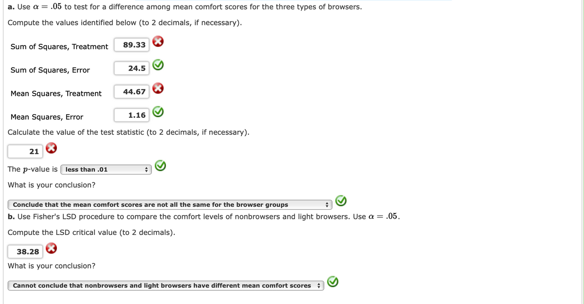 a. Use a = .05 to test for a difference among mean comfort scores for the three types of browsers.
Compute the values identified below (to 2 decimals, if necessary).
Sum of Squares, Treatment
89.33
Sum of Squares, Error
24.5
Mean Squares, Treatment
44.67
Mean Squares, Error
1.16
Calculate the value of the test statistic (to 2 decimals, if necessary).
21
The p-value is
less than .01
What is your conclusion?
Conclude that the mean comfort scores are not all the same for the browser groups
b. Use Fisher's LSD procedure to compare the comfort levels of nonbrowsers and light browsers. Use a = .05.
Compute the LSD critical value (to 2 decimals).
38.28
What is your conclusion?
Cannot conclude that nonbrowsers and light browsers have different mean comfort scores
