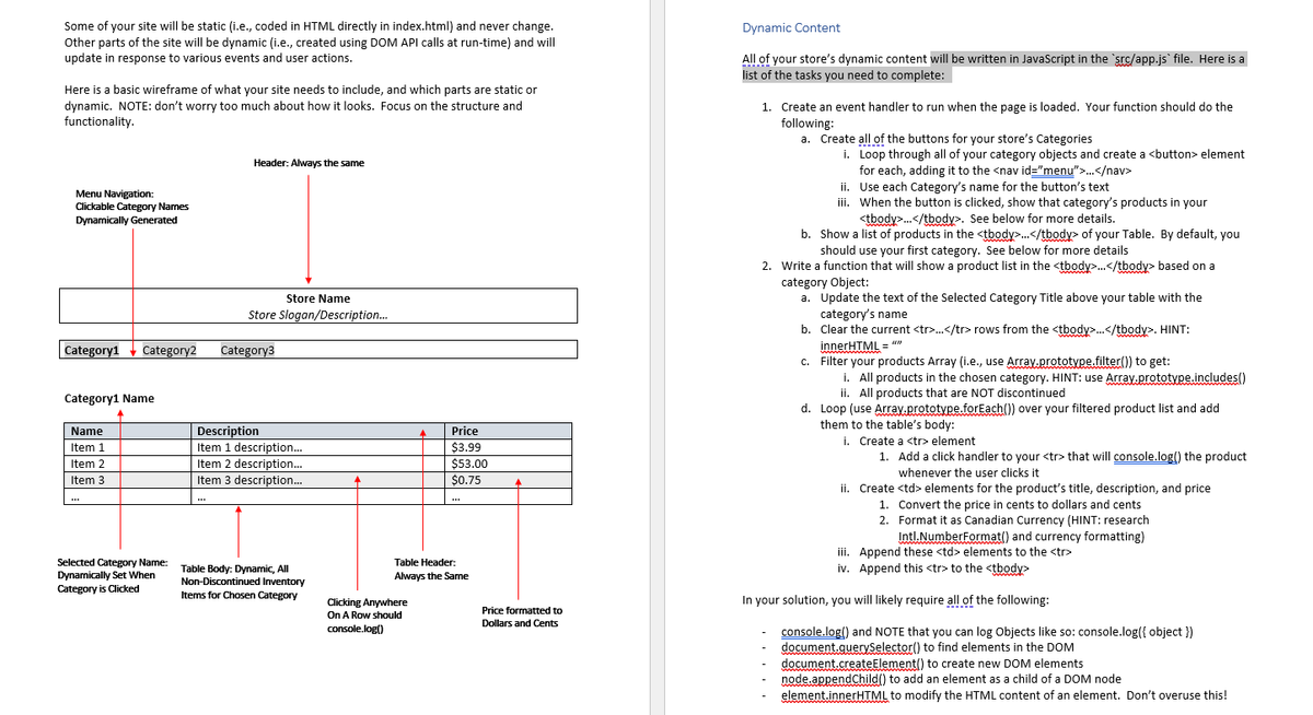 Some of your site will be static (i.e., coded in HTML directly in index.html) and never change.
Other parts of the site will be dynamic (i.e., created using DOM API calls at run-time) and will
update in response to various events and user actions.
Here is a basic wireframe of what your site needs to include, and which parts are static or
dynamic. NOTE: don't worry too much about how it looks. Focus on the structure and
functionality.
Menu Navigation:
Clickable Category Names
Dynamically Generated
Category1 Category2
Category1 Name
Name
Item 1
Item 2
Item 3
Selected Category Name:
Dynamically Set When
Category is Clicked
Header: Always the same
Store Name
Store Slogan/Description...
Category3
Description
Item 1 description...
Item 2 description...
Item 3 description....
Table Body: Dynamic, All
Non-Discontinued Inventory
Items for Chosen Category
Price
$3.99
$53.00
$0.75
Table Header:
Always the Same
Clicking Anywhere
On A Row should
console.log()
Price formatted to
Dollars and Cents
Dynamic Content
All of your store's dynamic content will be written in JavaScript in the `src/app.js` file. Here is a
list of the tasks you need to complete:
1. Create an event handler to run when the page is loaded. Your function should do the
following:
a. Create all of the buttons for your store's Categories
i.
Loop through all of your category objects and create a <button> element
for each, adding it to the <nav id="menu">...</nav>
ii.
Use each Category's name for the button's text
iii. When the button is clicked, show that category's products in your
<tbody>...</tbody>. See below for more details.
b. Show a list of products in the <tbody>...</tbody> of your Table. By default, you
should use your first category. See below for more details
2. Write a function that will show a product list in the <tbody>...</tbody> based on a
category Object:
a. Update the text of the Selected Category Title above your table with the
category's name
b. Clear the current <tr>...</tr> rows from the <tbody>...</tbody>. HINT:
innerHTML = ""
wwwwwwww
c.
Filter your products Array (i.e., use Array.prototype.filter()) to get:
i. All products in the chosen category. HINT: use Array.prototype.includes()
ii. All products that are NOT discontinued
d. Loop (use Array.prototype.forEach()) over your filtered product list and add
them to the table's body:
i. Create a <tr> element
1. Add a click handler to your <tr> that will console.log() the product
whenever the user clicks it
ii. Create <td> elements for the product's title, description, and price
1. Convert the price in cents to dollars and cents
2. Format it as Canadian Currency (HINT: research
Intl. NumberFormat() and currency formatting)
iii. Append these <td> elements to the <tr>
iv. Append this <tr> to the <tbody>
In your solution, you will likely require all of the following:
console.log() and NOTE that you can log Objects like so: console.log({ object })
document.querySelector() to find elements in the DOM
document.createElement() to create new DOM elements
node.appendChild() to add an element as a child of a DOM node
element.innerHTML to modify the HTML content of an element. Don't overuse this!