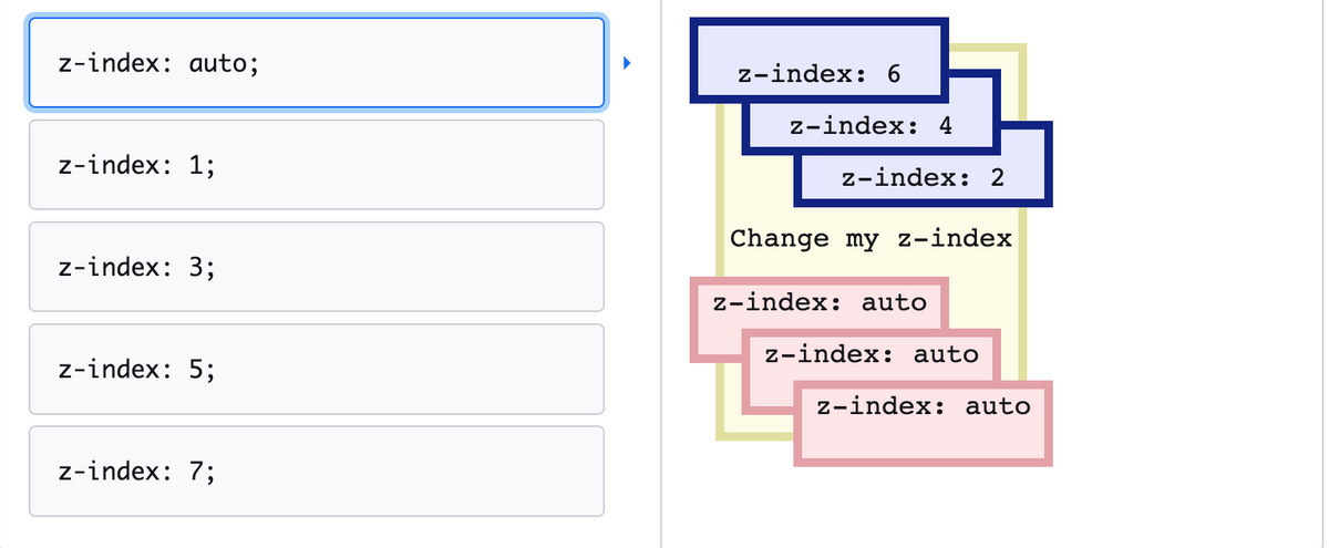 z-index: auto;
z-index: 1;
z-index: 3;
z-index: 5;
z-index: 7;
z-index: 6
z-index: 4
z-index: 2
Change my z-index
z-index: auto
ㄴ
z-index: auto
z-index: auto