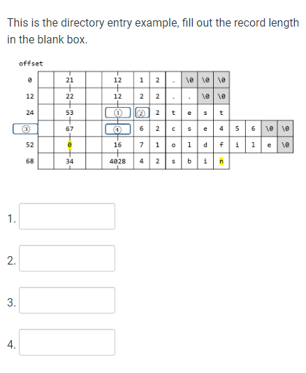 This is the directory entry example, fill out the record length
in the blank box.
1.
2.
3.
4.
offset
0
12
24
52
68
−2+2+3+6+0+ = -
21
53
67
34
L
12
1 2 10 10 10
le 10
test
12 2 2
2
62cse 45 6 10 10
711d
file 10
Ⓒ
16
4028 42 sbin