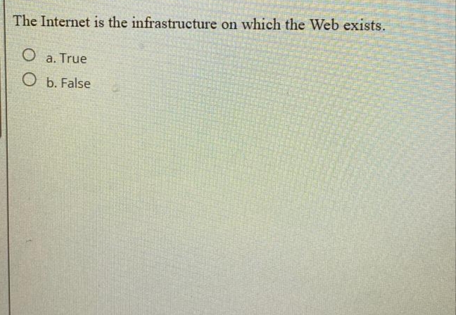 The Internet is the infrastructure on which the Web exists.
O a. True
O b. False