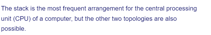 The stack is the most frequent arrangement for the central processing
unit (CPU) of a computer, but the other two topologies are also
possible.