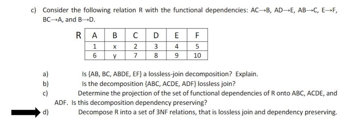 c) Consider the following relation R with the functional dependencies: AC→B, AD E, AB →C, E F,
BC A, and B D.
R
A
C
D
E
F
1
X
2
3
4
6.
7
8
9
10
Is {AB, BC, ABDE, EF} a lossless-join decomposition? Explain.
Is the decomposition {ABC, ACDE, ADF} lossless join?
Determine the projection of the set of functional dependencies of R onto ABC, ACDE, and
a)
ADF. Is this decomposition dependency preserving?
d)
Decompose R into a set of 3NF relations, that is lossless join and dependency preserving.
