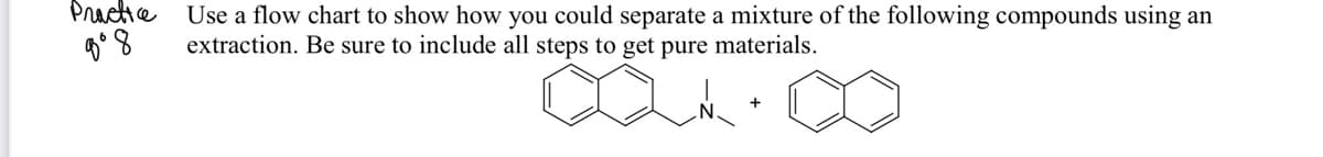 Practice
Use a flow chart to show how you could separate a mixture of the following compounds using an
extraction. Be sure to include all steps to get pure materials.
