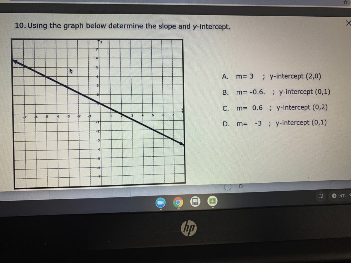 10. Using the graph below determine the slope and y-intercept.
A.
m= 3
; y-intercept (2,0)
m= -0.6. ; y-intercept (0,1)
С.
m= 0.6 ; y-intercept (0,2)
-4
D.
-3 ; y-intercept (0,1)
m=
1 INTL S
hp
B.
