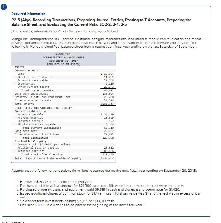 Required Information
P2-5 (Algo) Recording Transactions, Preparing Journal Entries, Posting to T-Accounts, Preparing the
Balance Sheet, and Evaluating the Current Ratio LO2-2, 2-4,2-5
[The following information applies to the questions displayed below.]
Mango Inc., headquartered in Cupertino, California, designs, manufactures, and markets mobile communication and media
devices, personal computers, and portable digital music players and sells a variety of related software and services. The
following is Mango's (simplified) balance sheet from a recent year (fiscal year ending on the last Saturday of September).
ASSETS
Current assets:
Cash
DE D
MANGO INC.
CONSOLIDATED BALANCE SHEET
September 30, 2017
(dollars in millions)
Short-term investments
Accounts receivable
Inventories
Other current assets
Total current assets
Long-term investments
Property, plant, and equipment, net
Other noncurrent assets
Total assets
LIABILITIES AND STOCKHOLDERS' EQUITY
Current Liabilities:
Accounts payable
Accrued expenses
Unearned revenue
Short-term notes payable
Total current liabilities
Long-term debt
Other noncurrent liabilities
Total liabilities
Stockholders' equity:
Common stock (se.ee001 per value)
Additional paid-in capital
Retained earnings
Total stockholders' equity
Total liabilities and shareholders' equity
$ 13,904
11,281
17,534
2,119
23,973
68,811
130,694
20,708
12,574
$ 232,787
$ 30,320
18,529
8,527
6,334
63,710
29,107
27,971
120,788
1
23,812
88, 186
111,999
$232,787
Assume that the following transactions (in millions) occurred during the next fiscal year (ending on September 29, 2018):
a. Borrowed $18,277 from banks due in two years.
b. Purchased additional investments for $21,900 cash; one-fifth were long term and the rest were short term.
c. Purchased property, plant, and equipment; paid $9,581 in cash and signed a short-term note for $1,420.
d. Issued additional shares of common stock for $1,479 in cash; total par value was $1 and the rest was in excess of par
value.
e. Sold short-term investments costing $19,019 for $19.019 cash.
f. Declared $11,135 in dividends to be paid at the beginning of the next fiscal year.