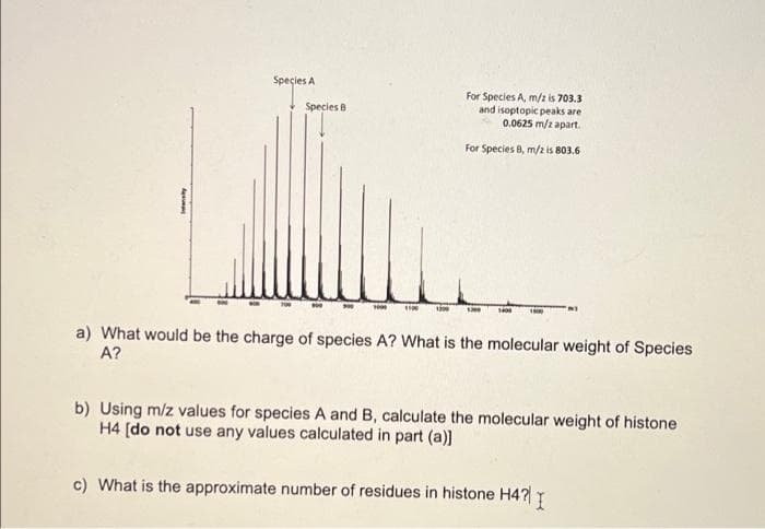 Species A
For Species A, m/2 is 703.3
and isoptopic peaks are
0.0625 m/z apart.
Species 8
For Species 8, m/z is 803.6
1100
a) What would be the charge of species A? What is the molecular weight of Species
A?
b) Using m/z values for species A and B, calculate the molecular weight of histone
H4 [do not use any values calculated in part (a)]
c) What is the approximate number of residues in histone H4?Y
I
