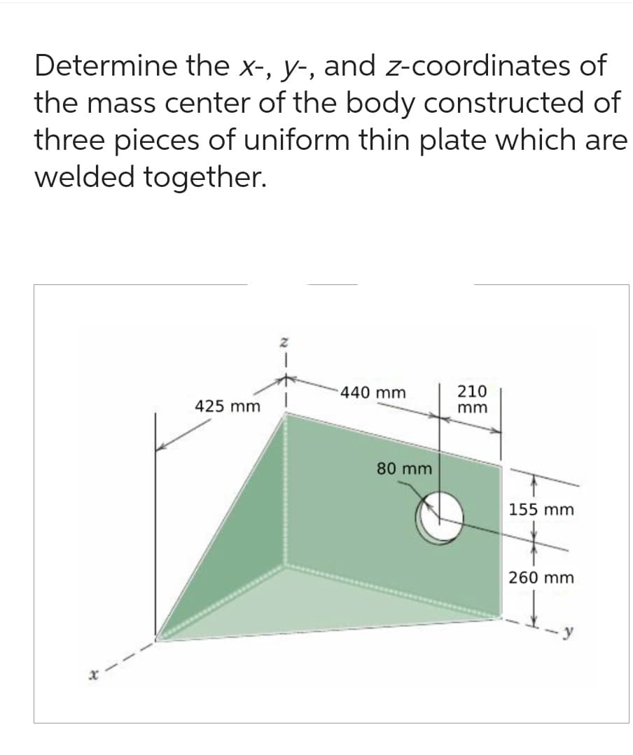 Determine the x-, y-, and z-coordinates of
the mass center of the body constructed of
three pieces of uniform thin plate which are
welded together.
440 mm
210
425 mm
mm
80 mm
155 mm
260 mm