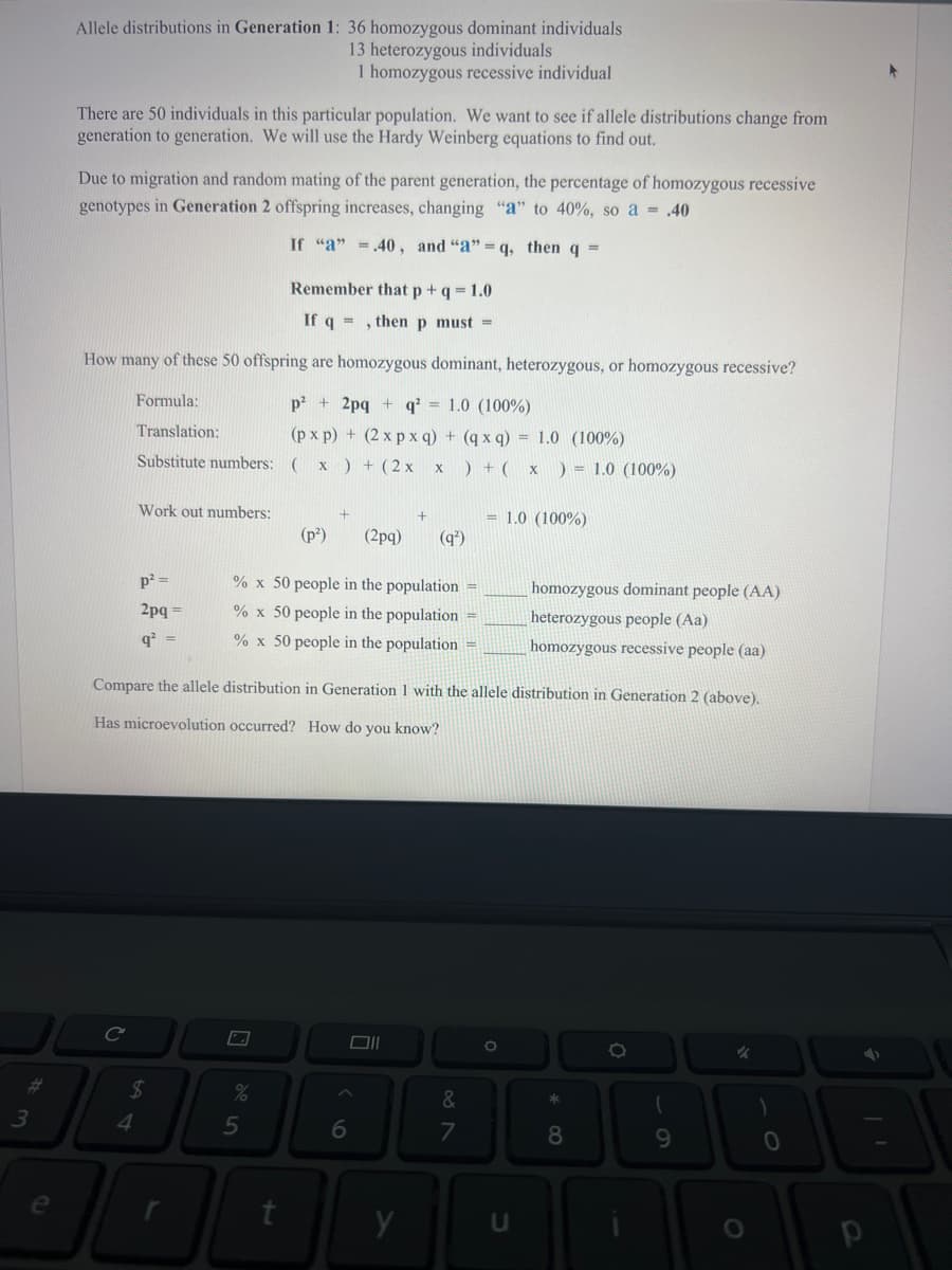 3
Allele distributions in Generation 1: 36 homozygous dominant individuals
13 heterozygous individuals
1 homozygous recessive individual
There are 50 individuals in this particular population. We want to see if allele distributions change from
generation to generation. We will use the Hardy Weinberg equations to find out.
Due to migration and random mating of the parent generation, the percentage of homozygous recessive
genotypes in Generation 2 offspring increases, changing "a" to 40%, so a = .40
If "a" = .40, and "a" q, then q =
Remember that p + q = 1.0
If q, then p must =
How many of these 50 offspring are homozygous dominant, heterozygous, or homozygous recessive?
p² + 2pq+q² = 1.0 (100%)
Formula:
Translation:
(pxp) + (2xpxq) + (qxq) = 1.0 (100%)
Substitute numbers:
( x) + (2x x ) + ( x ) = 1.0 (100%)
C
Work out numbers:
4
p² =
2pq=
q² =
r
+
%
% x 50 people in the population =
% x 50 people in the population =
% x 50 people in the population =
Compare the allele distribution in Generation 1 with the allele distribution in Generation 2 (above).
Has microevolution occurred? How do you know?
5
(p²) (2pq) (9²)
+
6
011
y
= 1.0 (100%)
&
7
O
homozygous dominant people (AA)
heterozygous people (Aa)
homozygous recessive people (aa)
u
*
8
O
(
9
✓
O
)
0
4
P
