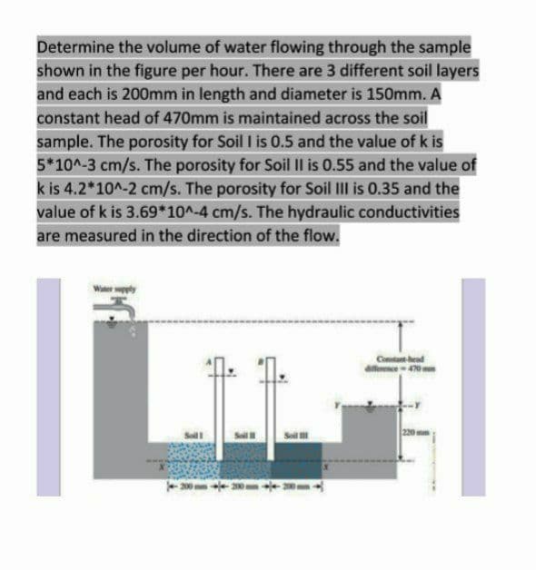 Determine the volume of water flowing through the sample
shown in the figure per hour. There are 3 different soil layers
and each is 200mm in length and diameter is 150mm. A
constant head of 470mm is maintained across the soil
sample. The porosity for Soil I is 0.5 and the value of k is
5*10^-3 cm/s. The porosity for Soil II is 0.55 and the value of
k is 4.2*10^-2 cm/s. The porosity for Soil III is 0.35 and the
value of k is 3.69*10^-4 cm/s. The hydraulic conductivities
are measured in the direction of the flow.
Soll
Constant-head