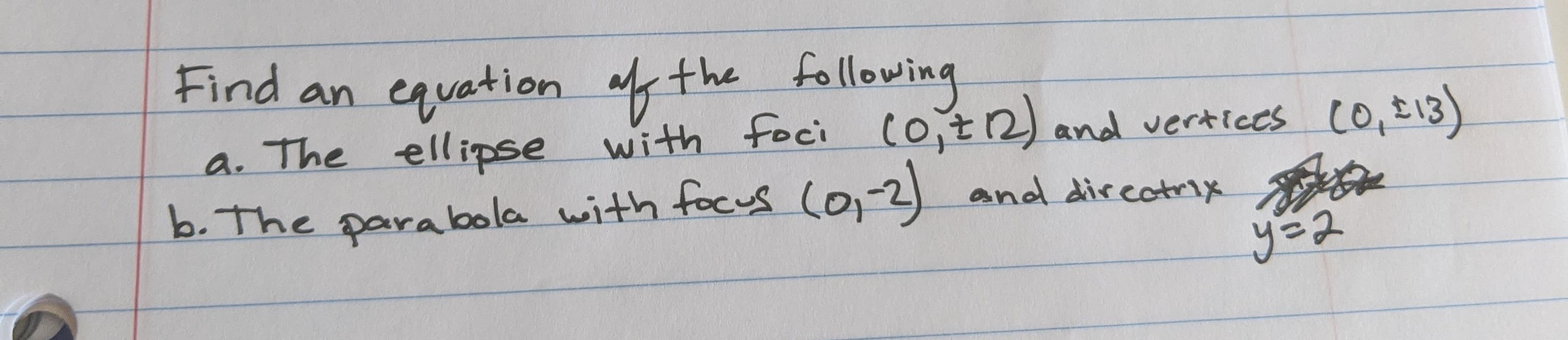 an equetion fthe following
a. The ellipse with foci (0;t2) and vertices co,£13)
b. The parabola with focus (0,-2)
and directrix
