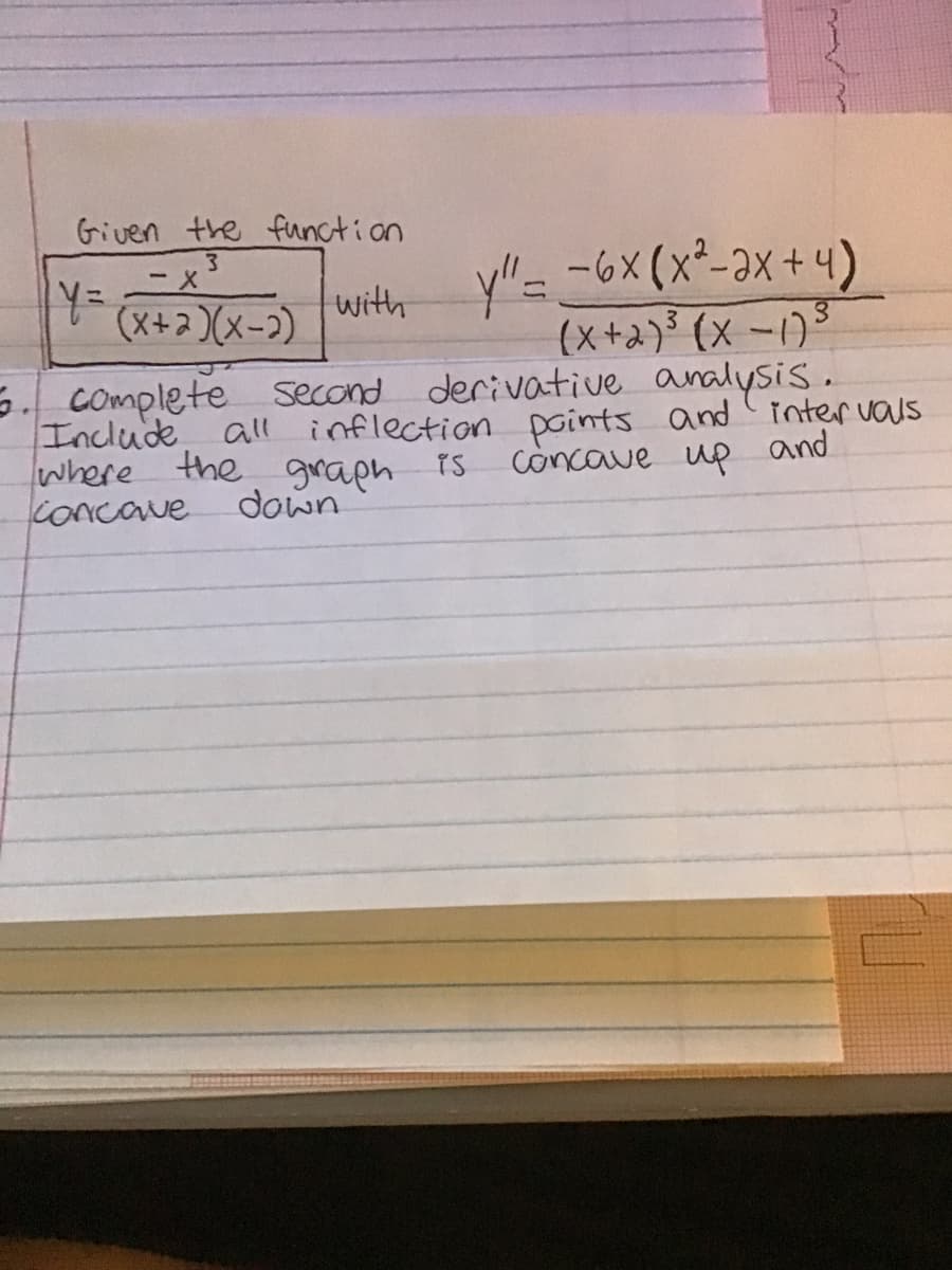 Given the function
y"=-6x (x²-ax+4)
(X+2)(x-)
with
(x+2)³ (x -1)3
S. Complete Ssecond derivative analysis.
all inflection points and inter vas
Include
where the graph rs
concave
Concave
up
and
down
