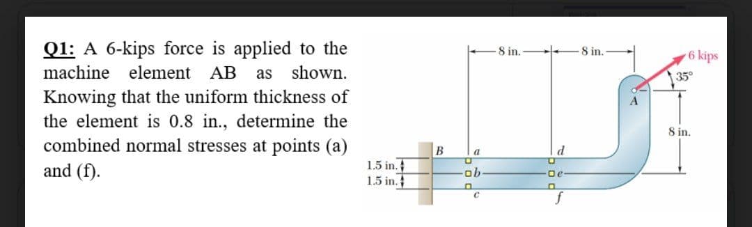 Q1: A 6-kips force is applied to the
machine element AB as shown.
Knowing that the uniform thickness of
the element is 0.8 in., determine the
combined normal stresses at points (a)
and (f).
1.5 in.
1.5 in.
B
a
ob
С
8 in.
□e
0
f
8 in.
6 kips
35°
8 in.