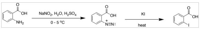 L
NH₂
OH NaNO₂, H₂O, H₂SO4
0-5 °C
O=
OH
+
NEN:
KI
heat
O=
OH