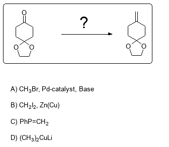 ?
A) CH3Br, Pd-catalyst, Base
B) CH₂l2, Zn(Cu)
C) PhP=CH2
D) (CH3)2 CuLi