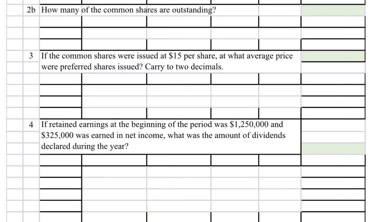 2b How many of the common shares are outstanding?
3 If the common shares were issued at $15 per share, at what average price
were preferred shares issued? Carry to two decimals.
4 If retained earnings at the beginning of the period was $1,250,000 and
$325,000 was earned in net income, what was the amount of dividends
declared during the year?
