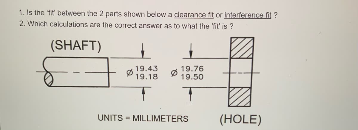 1. Is the 'fit' between the 2 parts shown below a clearance fit or interference fit ?
2. Which calculations are the correct answer as to what the 'fit' is ?
(SHAFT)
19.43
19.76
19.50
19.18
UNITS = MILLIMETERS
(HOLE)
