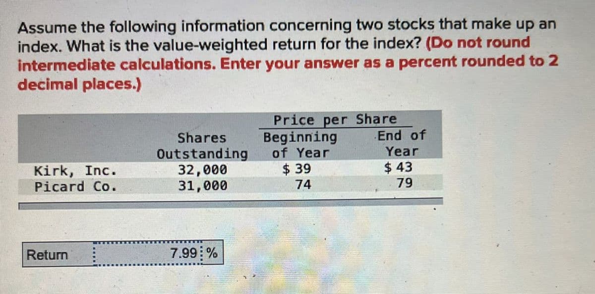 Assume the following information concerning two stocks that make up an
index. What is the value-weighted return for the index? (Do not round
intermediate calculations. Enter your answer as a percent rounded to 2
decimal places.)
Shares
Outstanding
Beginning
Price per Share
.End of
of Year
Year
Kirk, Inc.
32,000
Picard Co.
31,000
$ 39
74
$ 43
79
Return
7.99 %