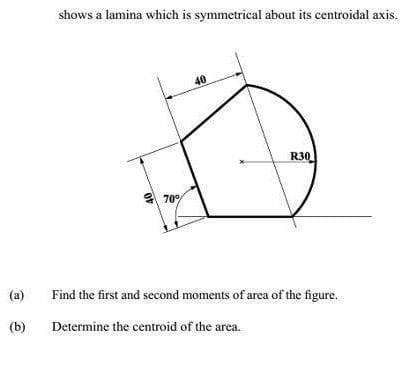 shows a lamina which is symmetrical about its centroidal axis.
40
R30
9 70°
(a)
Find the first and second moments of area of the figure.
(b)
Determine the centroid of the area.
