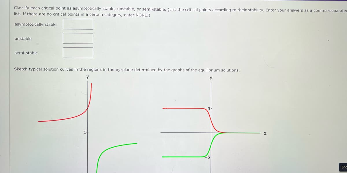 Classify each critical point as asymptotically stable, unstable, or semi-stable. (List the critical points according to their stability. Enter your answers as a comma-separated
list. If there are no critical points in a certain category, enter NONE.)
asymptotically stable
unstable
semi-stable
Sketch typical solution curves in the regions in the xy-plane determined by the graphs of the equilibrium solutions.
y
5
X
Shc