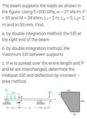 The beam supports the loads as shown in
the figure. Using E=200 GPa, w = 21 kN/m, P
= 35 and M = 28 KNm, L1= 2 m, L2 = 5, L3= 2
m and a=35 mm. Find,
a. by double integration method, the El8 at
the right end of the beam
b. by double integration method, the
maximum El6 between supports
c. If w is spread over the entire length and P
and M are interchanged, determine the
midspan Elő and deflection by moment –
area method.
-x-
D.
10a
M
За
