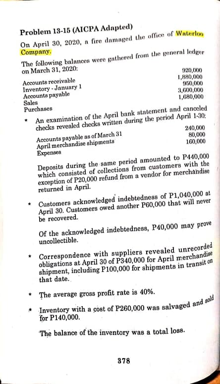 Problem 13-15 (AICPA Adapted)
On April 30, 2020, a fire damaged the office of Waterloo
Company.
The following balances were gathered from the general ledger
on March 31, 2020:
Accounts receivable
Inventory - January 1
Accounts payable
Sales
Purchases
920,000
1,880,000
950,000
3,600,000
1,680,000
An examination of the April bank statement and canceled
checks revealed checks written during the period April 1-30;
240,000
80,000
160,000
Accounts payable as of March 31
April merchandise shipments
Еxрenses
Deposits during the same period amounted to P440,000
which consisted of collections from customers with the
exception of P20,000 refund from a vendor for merchandise
returned in April.
Customers acknowledged indebtedness of P1,040,000 at
April 30. Customers owed another P60,000 that will never
be recovered.
Of the acknowledged indebtedness, P40,000 may prove
uncollectible.
Correspondence with suppliers revealed unrecorded
obligations at April 30 of P340,000 for April merchandise
shipment, including P100,000 for shipments in transit on
that date.
* The average gross profit rate is 40%.
* Inventory with a cost of P260,000 was
for P140,000.
salvaged and sold
The balance of the inventory was a total loss.
378
