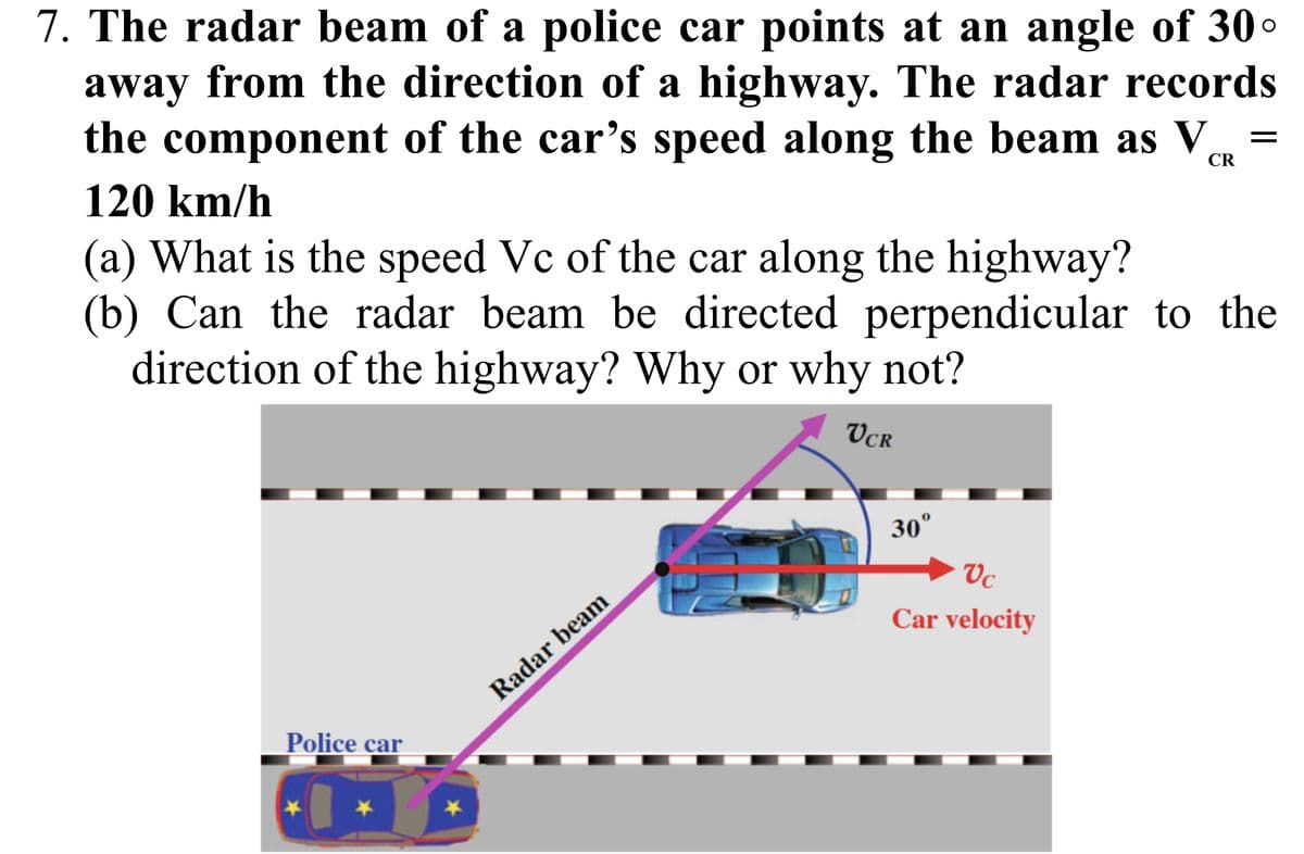 7. The radar beam of a police car points at an angle of 30°
away from the direction of a highway. The radar records
the component of the car's speed along the beam as V
120 km/h
CR
(a) What is the speed Vc of the car along the highway?
(b) Can the radar beam be directed perpendicular to the
direction of the highway? Why or why not?
VCR
Police car
Radar beam
30°
Vc
Car velocity