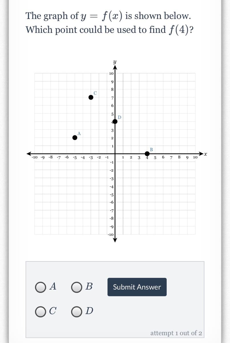 The graph of y
f (x) is shown below.
Which point could be used to find f(4)?
10
9
8
D
3
1
B
-10 -9 -8 -7 -6 -5 -4 -3 -2
-1
1
3
6.
8
9
10
-1
-2
-3
-4
-5
-6
-7
-8
-9
-10
O A
O B
Submit Answer
OC
OD
attempt 1 out of 2
