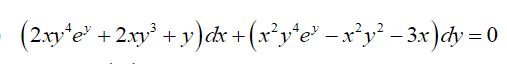 (2xy*e" + 2xy³ + y)«&x +(x*y°e" – x*y³ - 3x)dv = 0
