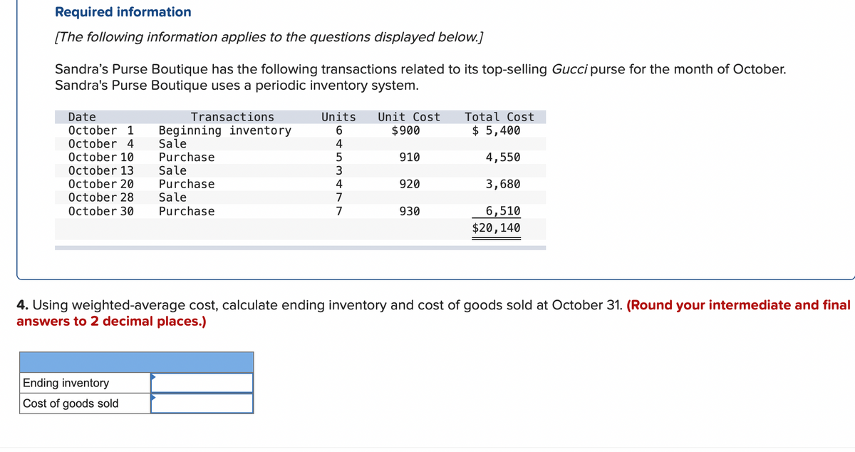 Required information
[The following information applies to the questions displayed below.]
Sandra's Purse Boutique has the following transactions related to its top-selling Gucci purse for the month of October.
Sandra's Purse Boutique uses a periodic inventory system.
Total Cost
Units
6.
4
Date
Transactions
Unit Cost
$ 5,400
October 1
October 4
October 10
October 13
October 20
October 28
October 30
Beginning inventory
Sale
Purchase
Sale
Purchase
Sale
$900
910
4,550
4
920
3,680
7
Purchase
6,510
$20,140
7
930
4. Using weighted-average cost, calculate ending inventory and cost of goods sold at October 31. (Round your intermediate and final
answers to 2 decimal places.)
Ending inventory
Cost of goods sold
