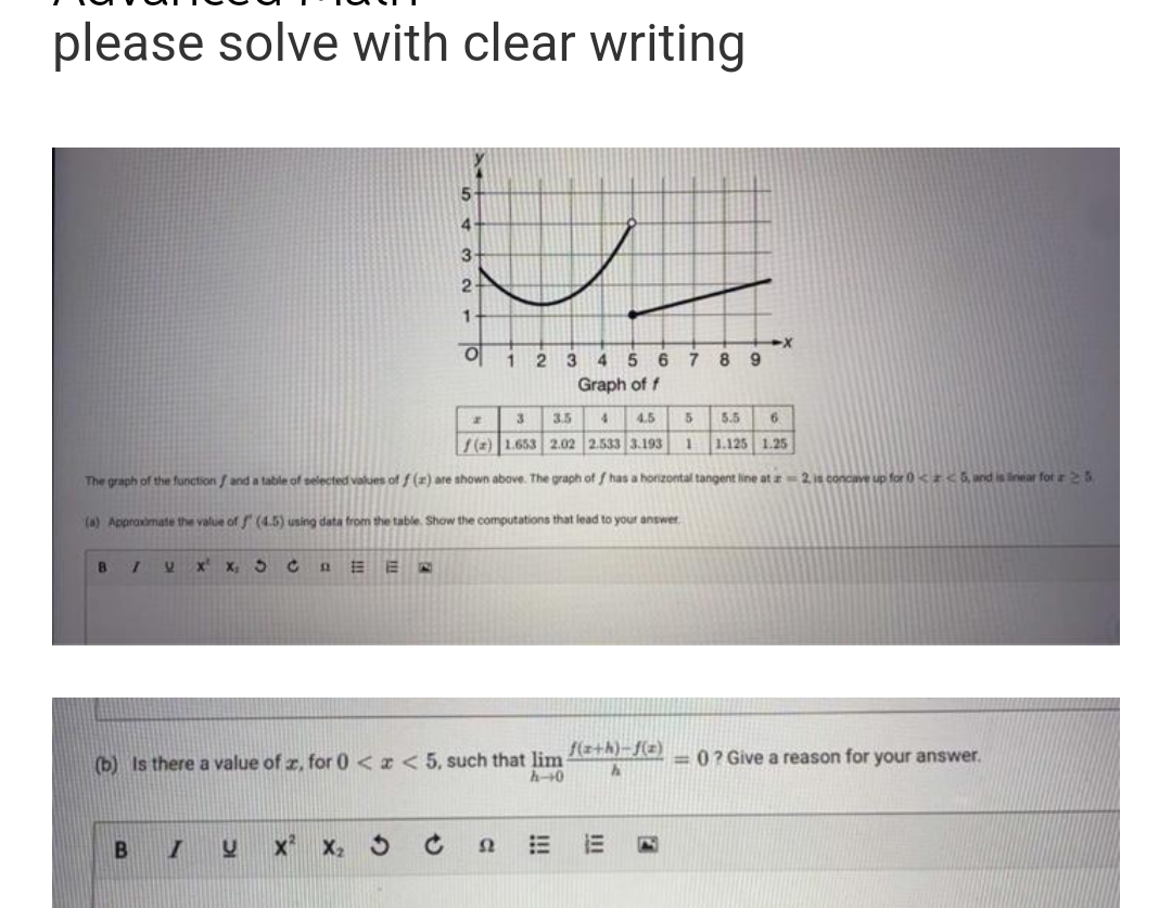 please solve with clear writing
4.
2
1.
34
56
8 9
Graph of f
3
3.5
4.5
5.5
(a)1.653 2.02 2.533 3.193
1.125 1.25
The graph of the function /and a table of selected values of f (2) are shown above. The graph of has a horizontal tangent line at z 2 is concave up for 0< <5, and is linear fot r25
(a) Approximate the value of (4.5) using data from the table. Show the computations that lead to your answer
x'
X, 5
E E
f(z+h)-J(x)
(b) Is there a value of z, for 0 < x < 5, such that lim-
=0? Give a reason for your answer.
X2 5
Ω
