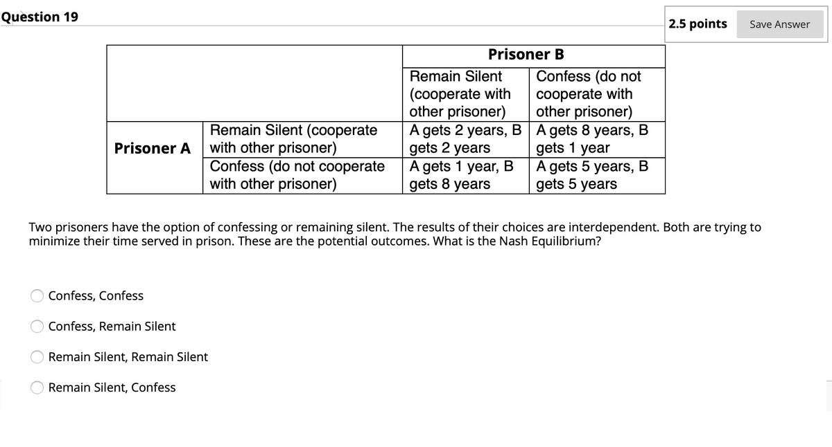 Question 19
2.5 points
Save Answer
Prisoner B
Remain Silent
Confess (do not
(cooperate with
other prisoner)
A gets 2 years, B | A gets 8 years, B
gets 2 years
A gets 1 year, B
gets 8 years
cooperate with
other prisoner)
Remain Silent (cooperate
with other prisoner)
Confess (do not cooperate
with other prisoner)
gets 1 year
A gets 5 years, B
gets 5 years
Prisoner A
Two prisoners have the option of confessing or remaining silent. The results of their choices are interdependent. Both are trying to
minimize their time served in prison. These are the potential outcomes. What is the Nash Equilibrium?
Confess, Confess
Confess, Remain Silent
Remain Silent, Remain Silent
Remain Silent, Confess
O O
