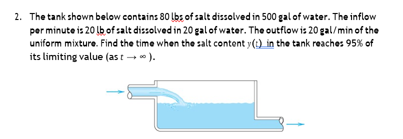 2. The tank shown below contains 80 lbs of salt dissolved in 500 gal of water. The inflow
per minute is 20 lb of salt dissolved in 20 gal of water. The outflow is 20 gal/min of the
uniform mixture. Find the time when the salt content y(t)_in the tank reaches 95% of
its limiting value (as t → *).
