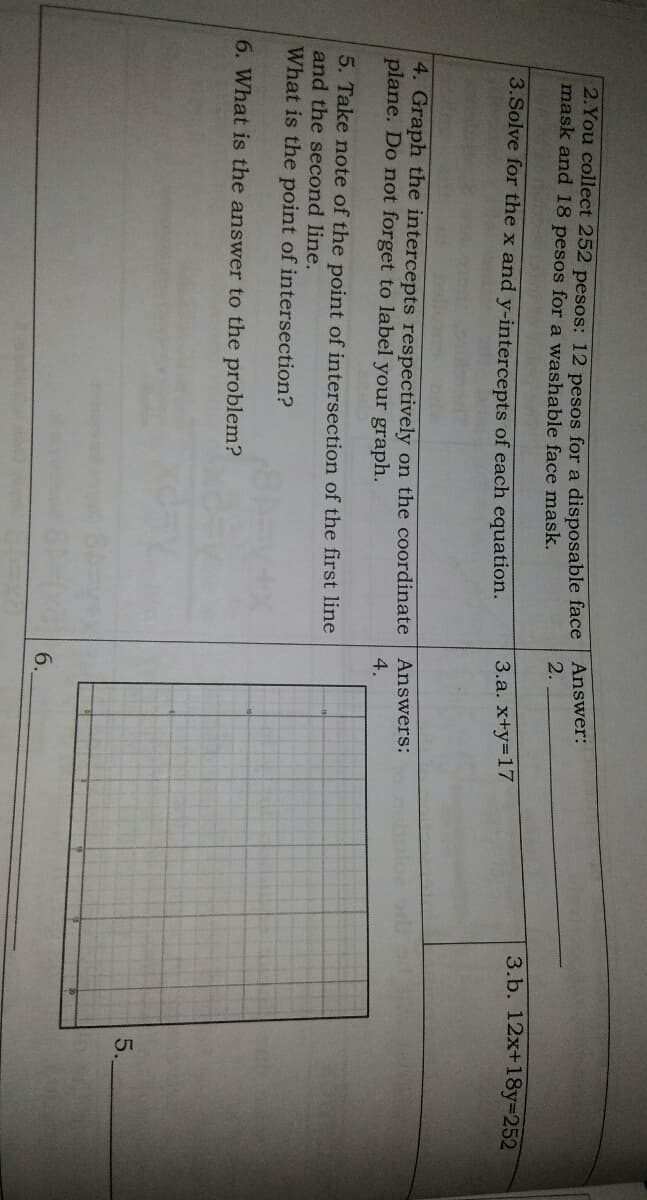2.You collect 252 pesos: 12 pesos for a disposable face
mask and 18 pesos for a washable face mask.
Answer:
2.
3.b. 12x+18y3D252
3.Solve for the x and y-intercepts of each equation.
3.a. x+y317
4. Graph the intercepts respectively on the coordinate
plane. Do not forget to label your graph.
Answers:
4.
5. Take note of the point of intersection of the first line
and the second line.
What is the point of intersection?
6. What is the answer to the problem?
5.
6.
