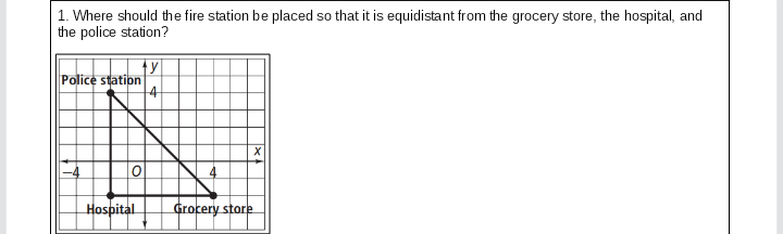 1. Where should the fire station be placed so that it is equidistant from the grocery store, the hospital, and
the police station?
Police station
Hospital
Grocery store
